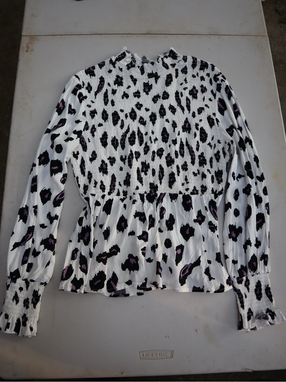 SHEIN White Leopard Print Smocked Long Sleeve Blouse with Lavender Accents
